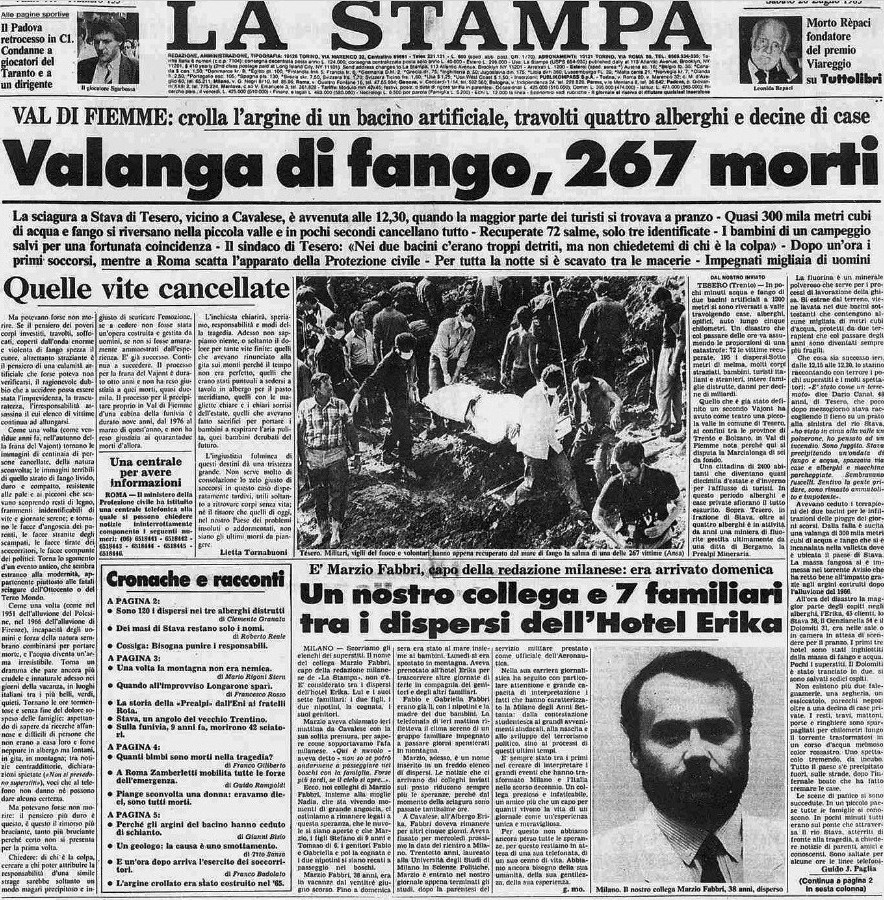 mariobianchi18's tweet photo. Il #19luglio 1985 c'è la catastrofe di #ValdiStava (TN). Un intero centro abitato fu cancellato in pochi istanti da una valanga di fango e detriti che precipitò a 90/h. 267 morti, in maggioranza donne, 28 bambini. Condannate 10 persone, tra responsabili della miniera e tecnici. https://t.co/BhH7zJkWvD