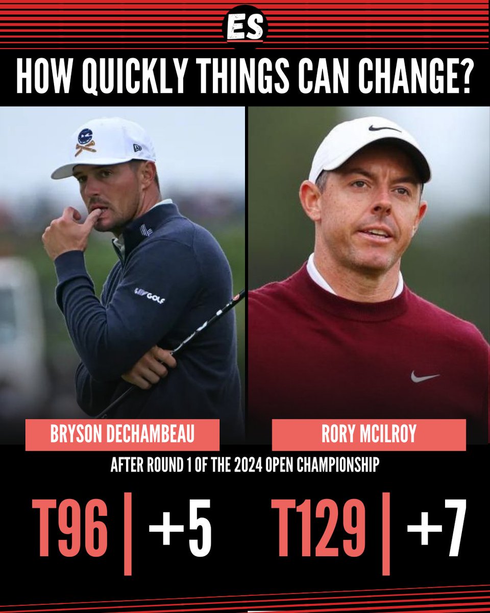 ES_sportsnews's tweet photo. 😳Just One Month After Their Epic Us Open Showdown, Bryson DeChambeau and Rory McIlroy Are Struggling to Find Their Rhythm at the 2024 Open Championship.🏌️♂️
Will They Bounce Back? 🤔
#BrysonDeChambeau #RoryMcIlroy #OpenChampionship #Golf #DanielBrown https://t.co/JLHkkleCxr