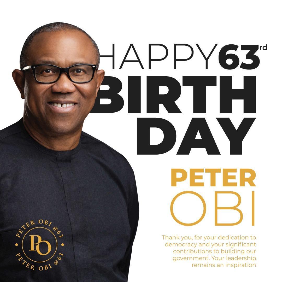 Urchilla01's tweet photo. Wishing a happy 63rd birthday to H.E. Peter Obi @PeterObi. 

If Nigeria had just 100 leaders in your mould, we'd be the best country in the world. 

Thank you for being a shining light in the midst of gloom &amp; darkness. Thank you for being an example. https://t.co/tmGNDPKIhh