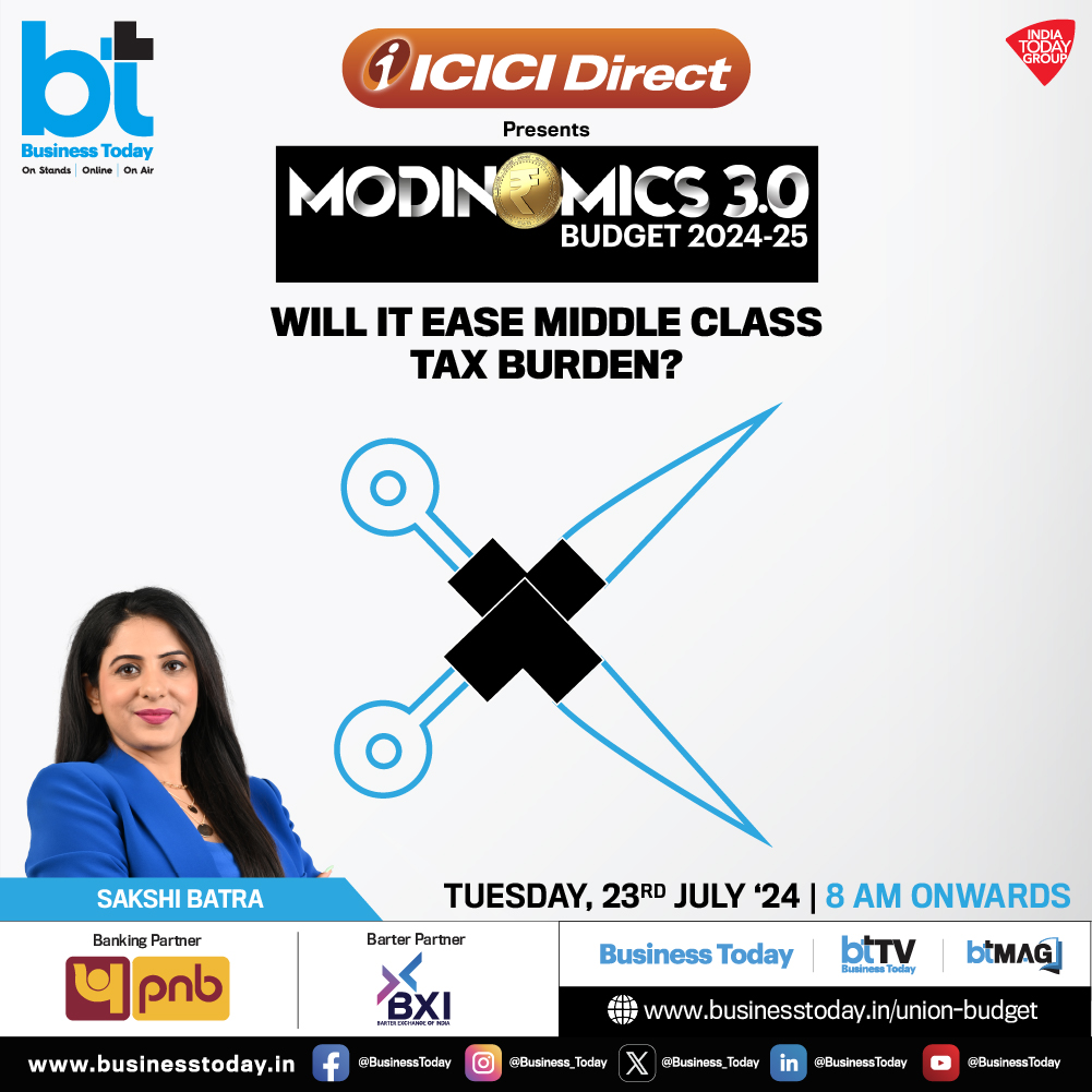 business_today's tweet photo. 💰💲#Modinomics 3.0 - #BudgetWithBT | #BTMultiverse is all set to decode #Budget2024 as experts, analysts, and policymakers join insightful discussions on expectations, potential impact on various sectors of the upcoming full #budget presentation by Finance Minister #NirmalaSitharaman (@nsitharaman) and much more.    

➡️ Tune in to #BTTV with the biggest names in business journalism - @rahulkanwal, @TheSouravM, @szarabi, @sakshibatra18, and @shail_bhatnagar - and be part of the conversation that could shape the future of our #economy.  

🗓️ July 23  
🕗 8 AM onwards    

Track #UnionBudget updates with your Go-To Budget Buddy: https://t.co/v7t3r7wl1W            

Follow BTTV for more 👉 https://t.co/cDtiG0j6Tk 

 @ICICI_Direct @pnbindia @bximarketplace
