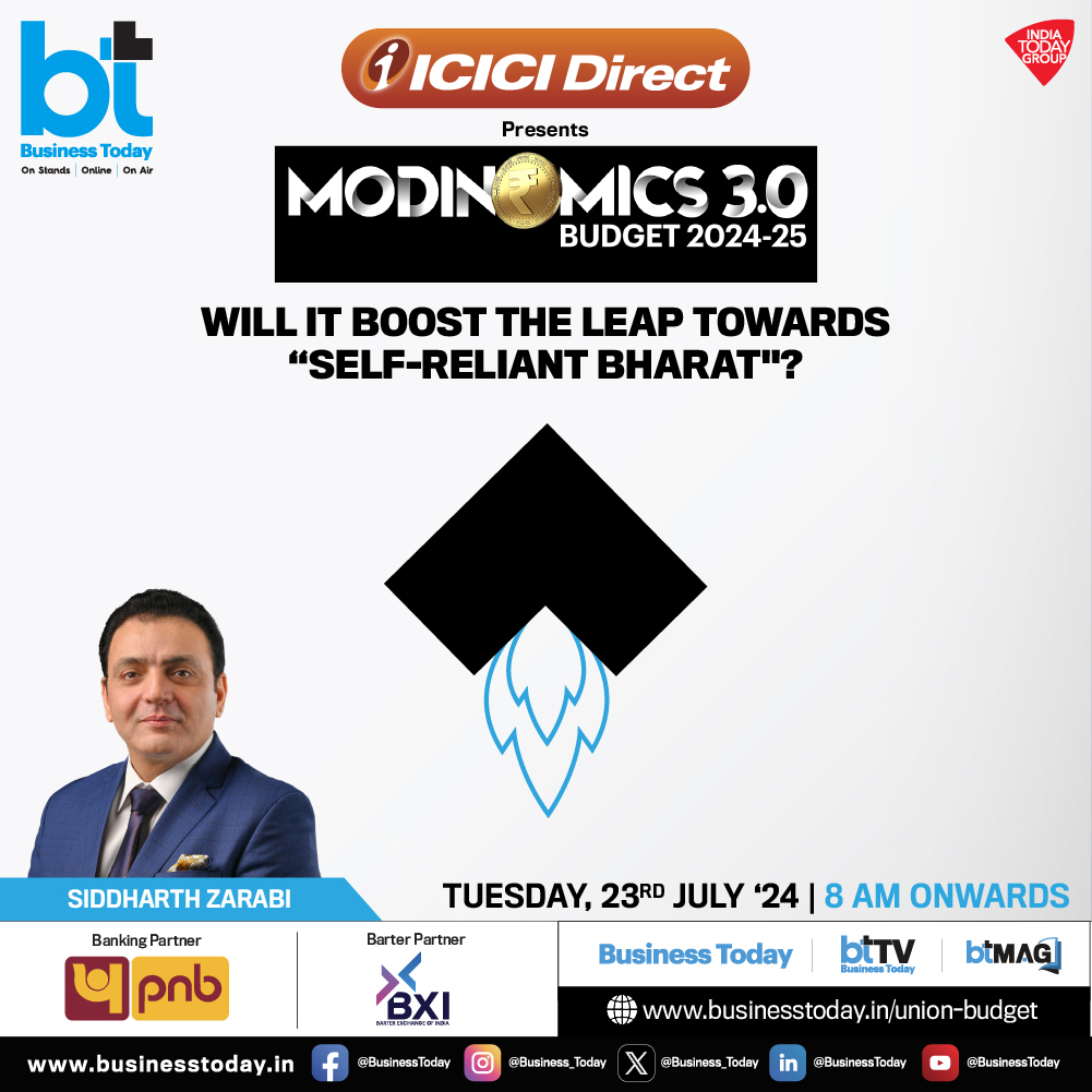 business_today's tweet photo. 💰💲#Modinomics 3.0 - #BudgetWithBT | #BTMultiverse is all set to decode #Budget2024 as experts, analysts, and policymakers join insightful discussions on expectations, potential impact on various sectors of the upcoming full #budget presentation by Finance Minister #NirmalaSitharaman (@nsitharaman) and much more.    

➡️ Tune in to #BTTV with the biggest names in business journalism - @rahulkanwal, @TheSouravM, @szarabi, @sakshibatra18, and @shail_bhatnagar - and be part of the conversation that could shape the future of our #economy.  

🗓️ July 23  
🕗 8 AM onwards    

Track #UnionBudget updates with your Go-To Budget Buddy: https://t.co/v7t3r7wl1W            

Follow BTTV for more 👉 https://t.co/cDtiG0j6Tk 

 @ICICI_Direct @pnbindia @bximarketplace