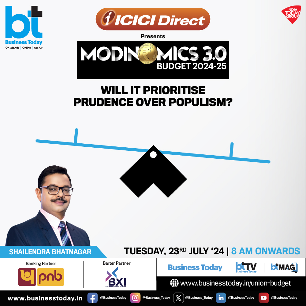 business_today's tweet photo. 💰#Modinomics 3.0 - #BudgetWithBT | Will the upcoming #budget prioritise prudence over populism? #BTMultiverse is all set to decode #Budget2024 in insightful discussions with experts, analysts, and policymakers.  

➡️ Tune in to #BTTV with the top names in business news - @rahulkanwal, @TheSouravM, @szarabi, @sakshibatra18, and @shail_bhatnagar - and be part of the conversation that could shape the future of our #economy.    

🗓️ July 23  
🕗 8 AM onwards    

Track #UnionBudget updates with your Go-To #Budget Buddy: https://t.co/v7t3r7wl1W            

Follow BTTV for more 👉 https://t.co/cDtiG0j6Tk 

@ICICI_Direct @pnbindia @bximarketplace