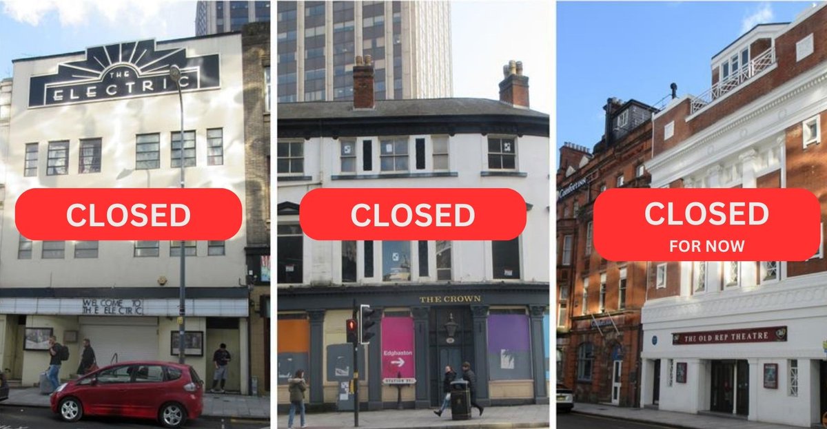 The Old Rep Theatre: UK's oldest. Now CLOSED. Thankfully only until the wonderful <a href="/crescenttheatre/">Crescent Theatre</a> can revive it.

The Electric Cinema: The UKs oldest. CLOSED. Threatened by demolition.

The Crown: Birthplace of Heavy Metal &amp; Black Sabbath. CLOSED. Left to rot.

Station Street 💔