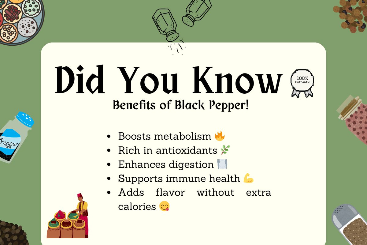 RoseMathew21532's tweet image. Black pepper: the king of spices! Adds a spicy kick, boosts metabolism, aids digestion, and is packed with antioxidants. A small sprinkle goes a long way for flavor and health!
#HealthBenefits #HealthyEating #AuthenticSpices #BlackPeppers #DidYouKnow