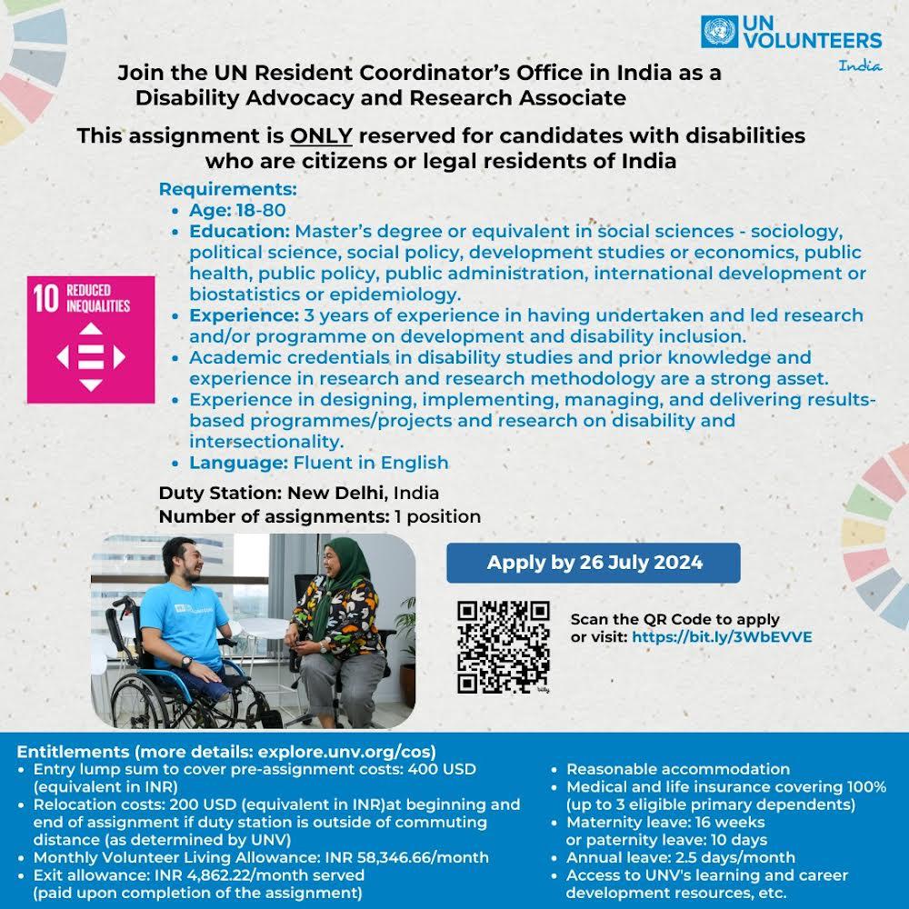 handicareindia's tweet photo. Very good opportunity for young #disabled person to join the 'UN Resident Coordinator's Office in India as a Disability Advocacy and Research Associate'.
Apply by 26 July 2024
@socialpwds @DisabledWorld @dsmru_lko @islrtc @HaryanaRpwd @goadisability #DisabilityInclusion #Job https://t.co/05JFghXXDB
