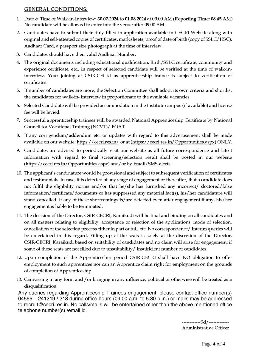 APPRENTICESHIP TRAINING IN CSIR-CECRI, KARAIKUDI

Walk-in-Interview on 30/07/2024, 31/07/2024 and 01/08/2024 at CSIR-CECRI, Karaikudi, Tamil Nadu   

Detailed Advertisement:
cecri.res.in/Portals/0/Care…