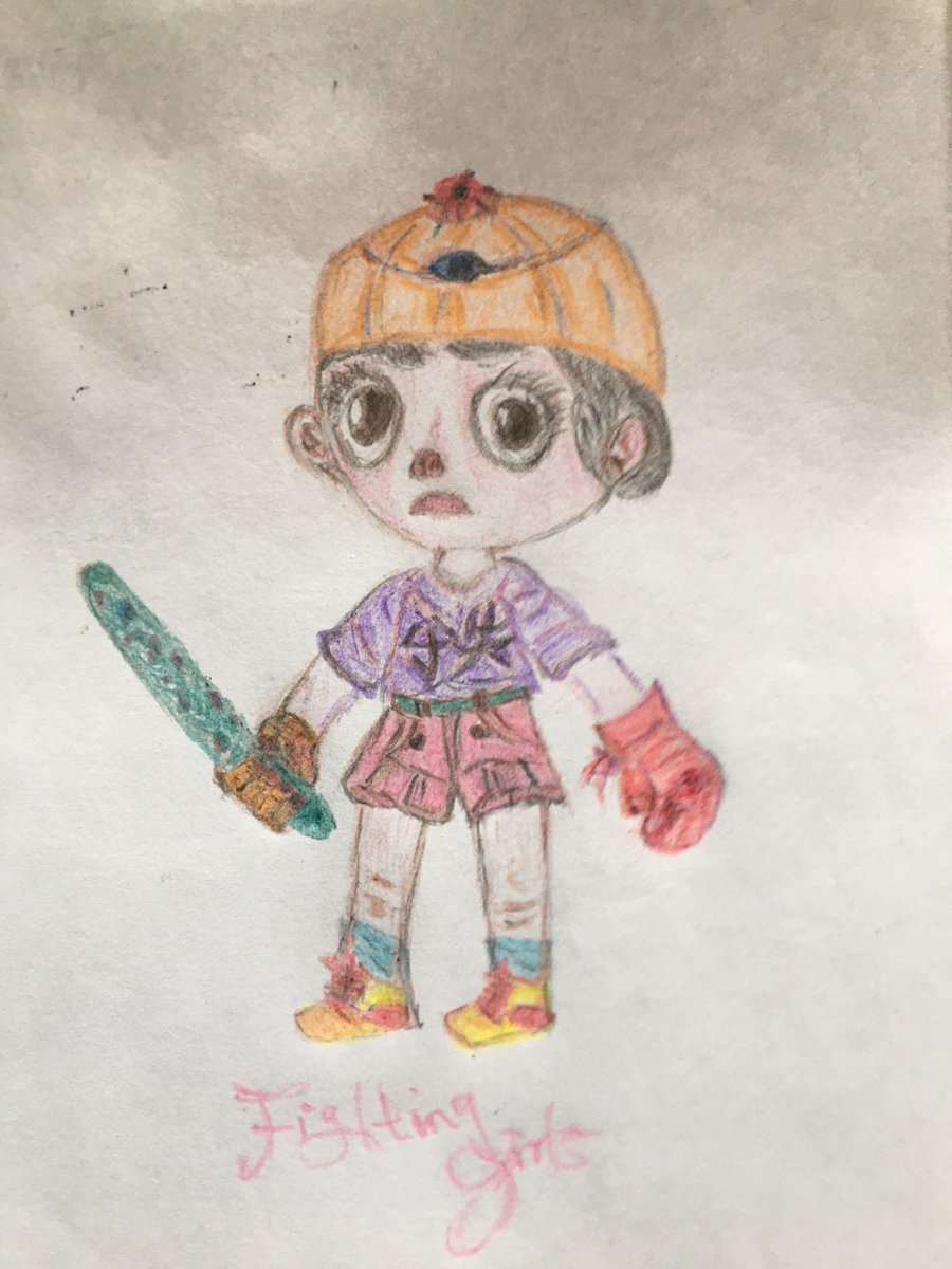 coEuler's tweet photo. @smolbound She wear a round hat, a cucumber weapon in her right hand, a red boxing glove in her left hand, a purple top and pink casual jeans, and golden sneakers on her feet👁️ https://t.co/azCTEi2RNN