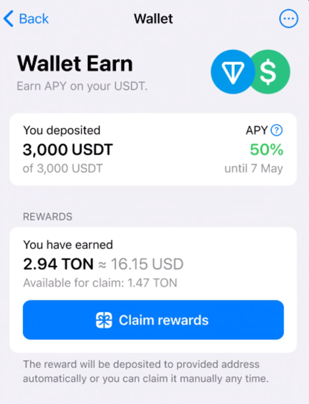 Got a sweet deal on #TON Blockchain for you.

You can earn up to 50% APY paid in $TON just by depositing USDT in the #TON Wallet.

Withdraw anytime you want.

Sitting chill and racking up those juicy yields passively is super convenient!
t.me/wallet/start?s…