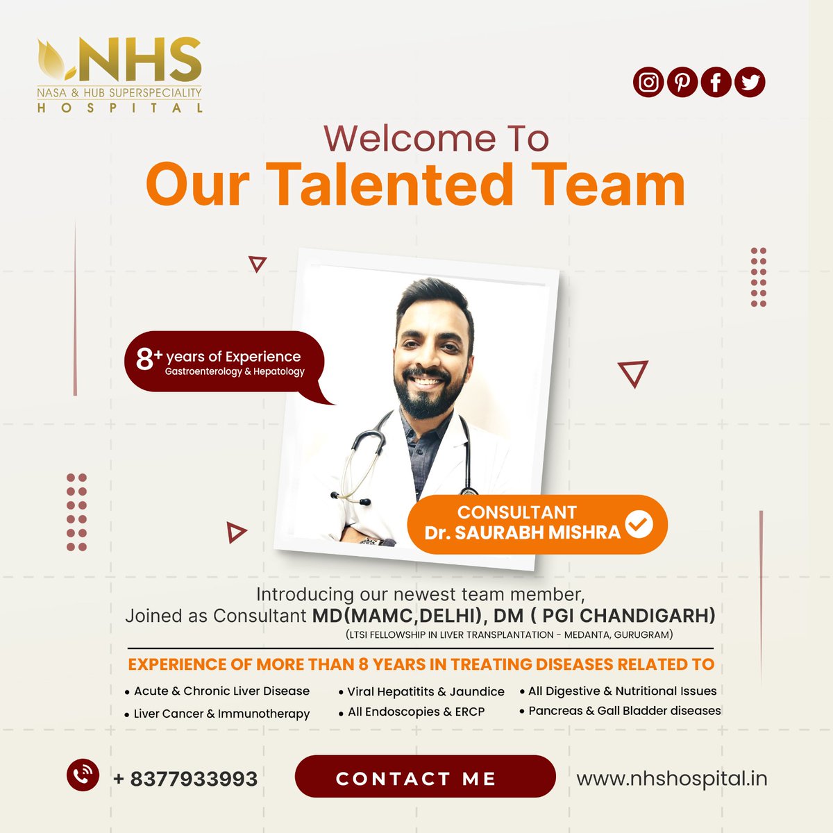 NHSHospital's tweet photo. NHS Hospital proudly welcomes, Dr. Saurabh Mishra ( Consultant MD (MAMC, Delhi), DM ( PGI CHANDIGARH)), who has joined us in the Department of Gastroenterology.
#NHS #NHSHospital #Gastroenterology #DigestiveHealth #GutHealth #LiverDisease #Colonoscopy #Endoscopy #Hepatology https://t.co/lvaGxGOISn