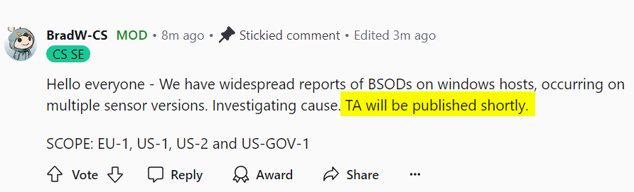 jitesh8092's tweet photo. CrowdStrike Causing BSOD Issue? It gets spread globally - BSOD error in latest crowdstrike update : r/crowdstrike (https://t.co/fQBaNN4l9r) https://t.co/Hewfbyx2GK