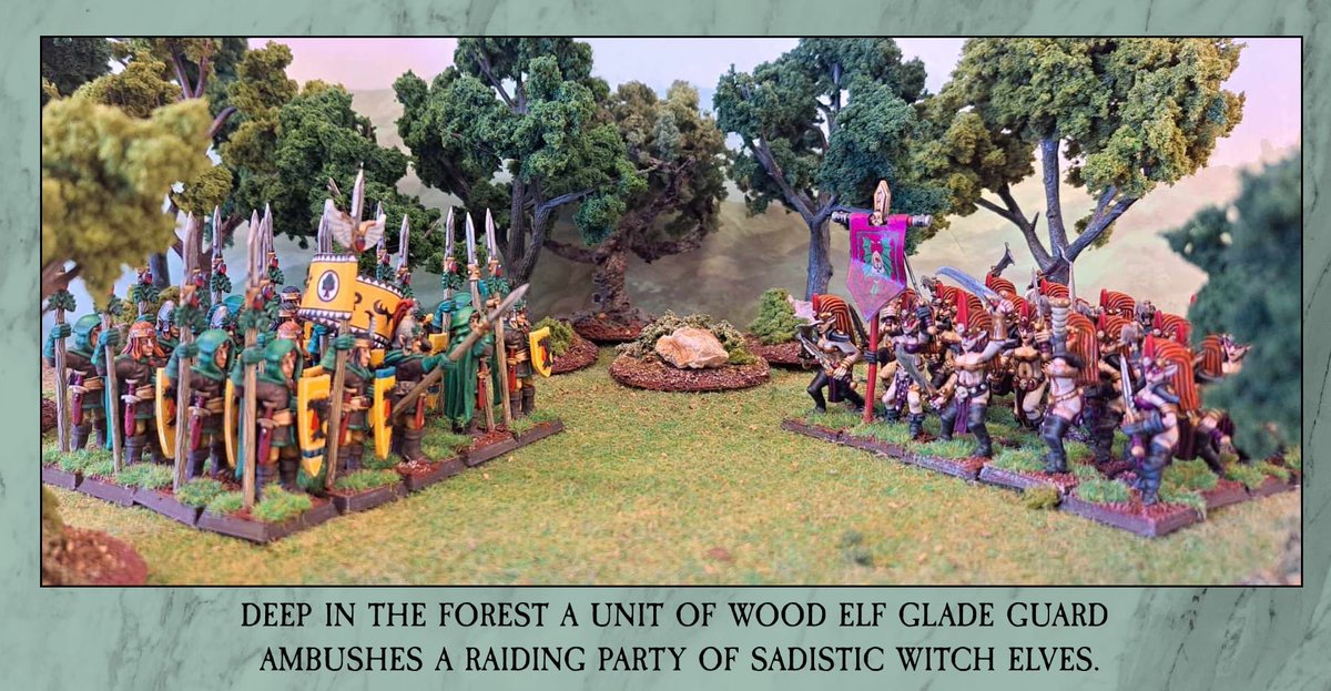 YstlundMinis's tweet photo. #Oldhammer inspired fake WD photo of the week, my newly painted wood elves vs some Dark Elves. #warhammer  #WarhammerCommunity https://t.co/4zLAN7YNxE