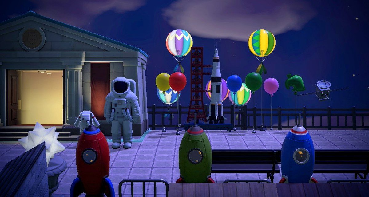 maerumaer2u's tweet photo. Scenes from Bad Puns V2: Rocket launch at the museum 🚀🎈🎈
#AnimalCrossing #ACNH #AnimalCrossingNewHorizons #あつ森 #あつ森写真部 https://t.co/fTZTU43cV7