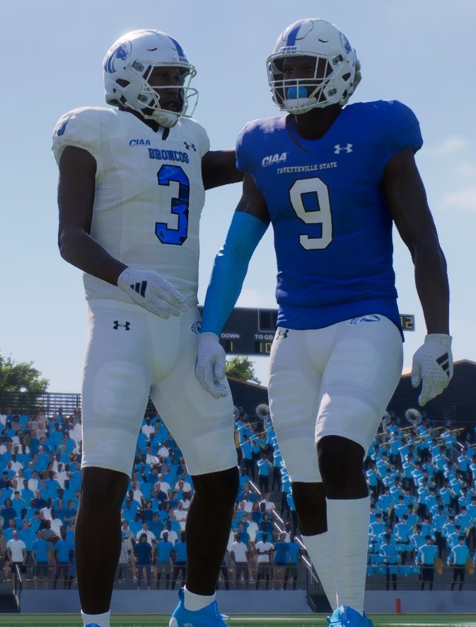 I uploaded Fayetteville State onto NCAA Football 25. The best I could do is replicate the home uniforms from 2 seasons ago since they didn't offer the current number font on the site. Same issue w/ the helmet stripe. Here's how they turned out.