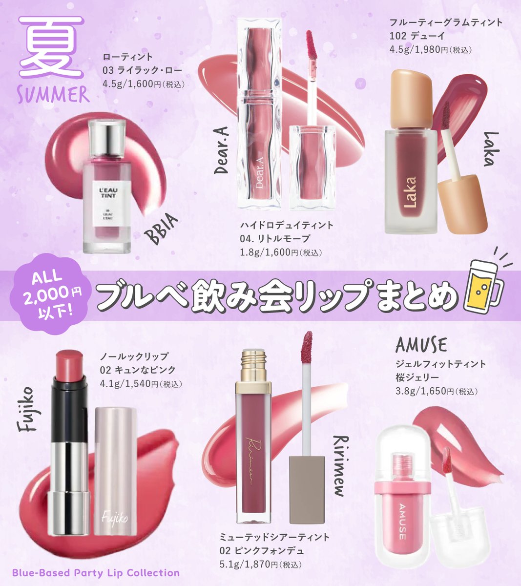 ALL 2,000円以下！〜 ブルベ飲み会リップまとめ🍺 落ちにくいリップ
