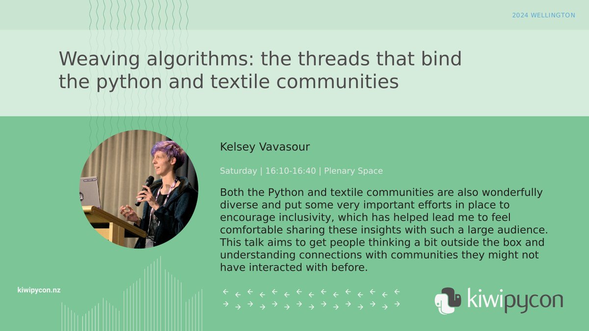 kiwipycon's tweet image. Five weeks to go until #KiwiPyCon!

The complete schedule is at kiwipycon.nz/schedule

In this thread over the next few days we&apos;ll highlight the amazing speakers we&apos;ve got. See something you like? Join us and spread the word!

See you soon!