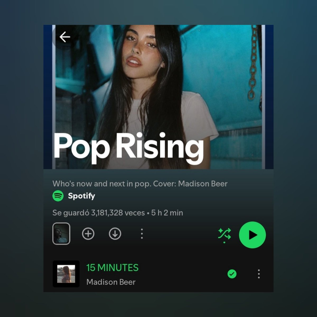 madisonchart's tweet image. .@madisonbeer’s “15 minutes” is featured at #1 on Spotify’s Pop Rising playlist, with 3.1 million followers.
