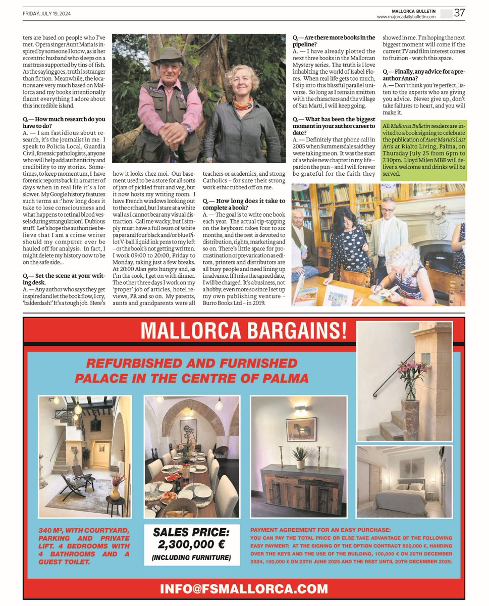 A real treat to interview Mallorca's <a href="/ANicholasAuthor/">Anna Nicholas</a> about her latest crime novel: 𝘼𝙪𝙣𝙩 𝙈𝙖𝙧𝙞𝙖’𝙨 𝙇𝙖𝙨𝙩 𝘼𝙧𝙞𝙖.
Book signing Rialto Living, Palma, Thurs 25 July 18:00-19:30
(Today's @majorcadaily)

#crimewriter #mallorca #booksigning #journalist #writer <a href="/burrobooks/">BurroBooks</a>