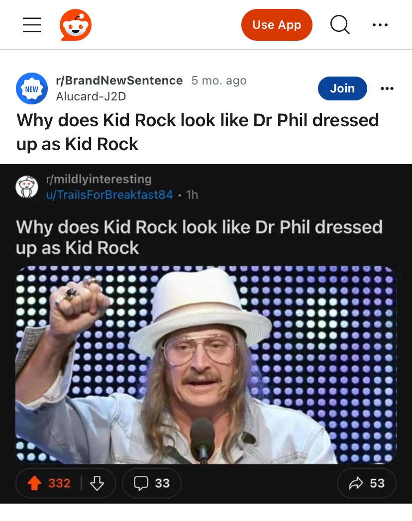 HotCommieWife's tweet photo. My new favourite conspiracy theory is that Kid Rock and Dr. Phil are the same person. 😆 https://t.co/RX4Hgi0Dkg