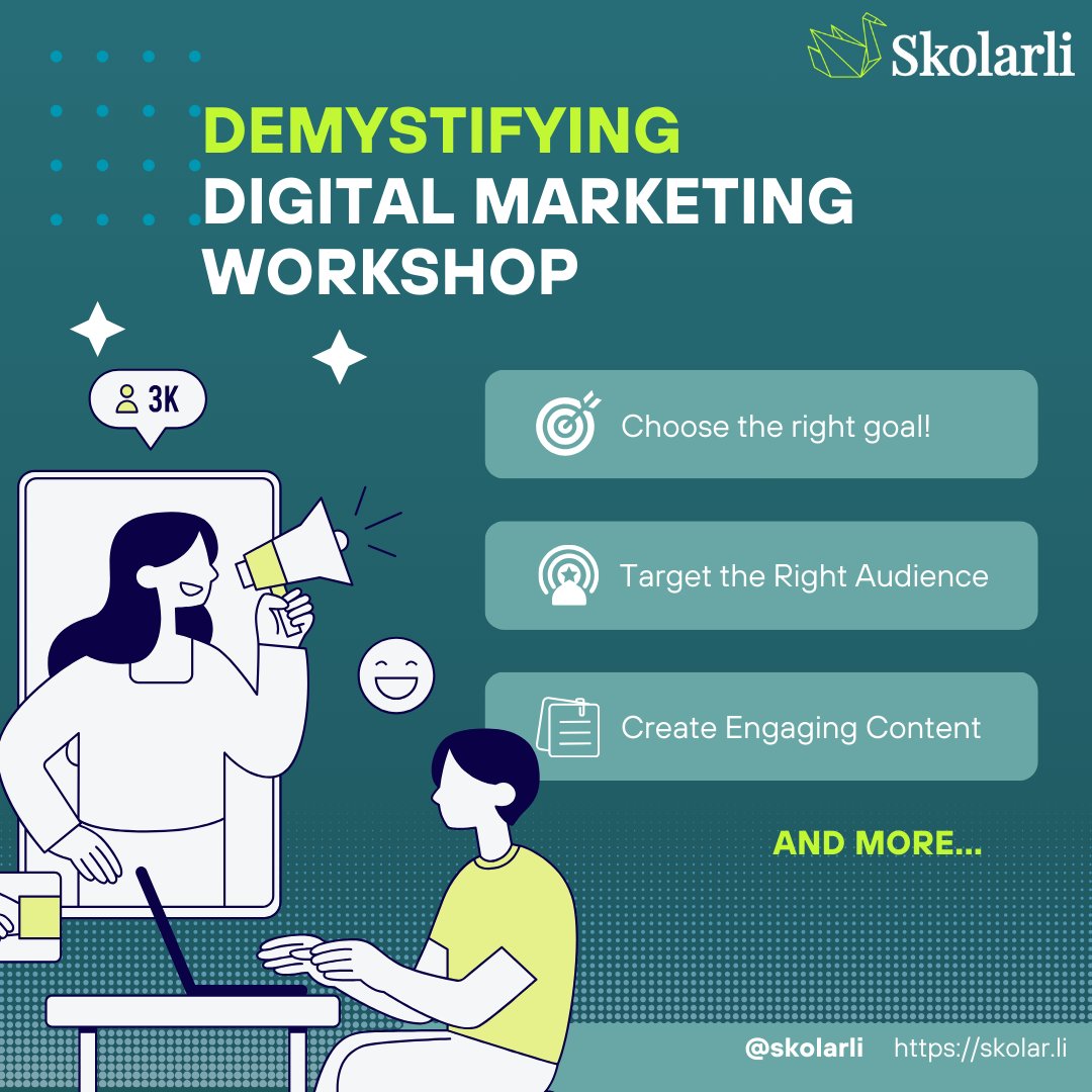 skolarli's tweet photo. "Demystifying Digital Marketing – Kickstart your career as a marketer! Dates to be announced soon, but hey, there’s no need to wait. Secure your spot in #Skolarli’s Digital Marketing program today. Enroll now and start shaping your success in #DigitalMarketing!" https://t.co/IMZcqIB9qO