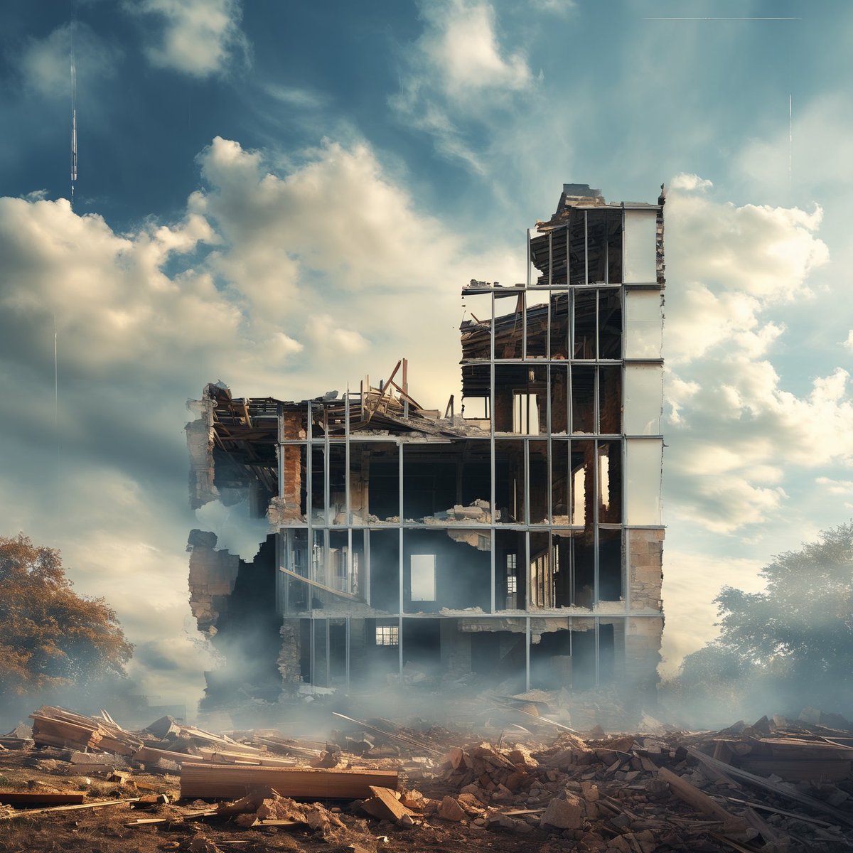 mariia_gonchar's tweet photo. A single image capturing a building's life cycle: construction & destruction. ⌚️ #DoubleExposure for the #ThemeContest by @mazeguru_ai #AIArt #MJXL by @mazeguru_ai (Made with MJ XL) https://t.co/cQw7jpZE21