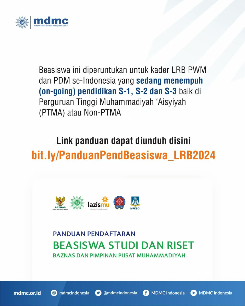 MDMCIndonesia's tweet photo. Assalamualaikum Sobat Tangguh!!

Telah dibuka penawaran Beasiswa dari Majelis Diktilitbang PP Muhammadiyah bagi seluruh kader Lembaga Resiliensi Bencana (LRB) PP Muhammadiyah yang tergabung di tingkat wilayah maupun daerah. Pendaftaran dibuka sampai tanggal 22 Juli 2024 ya✍️ https://t.co/exPeXMCxGJ