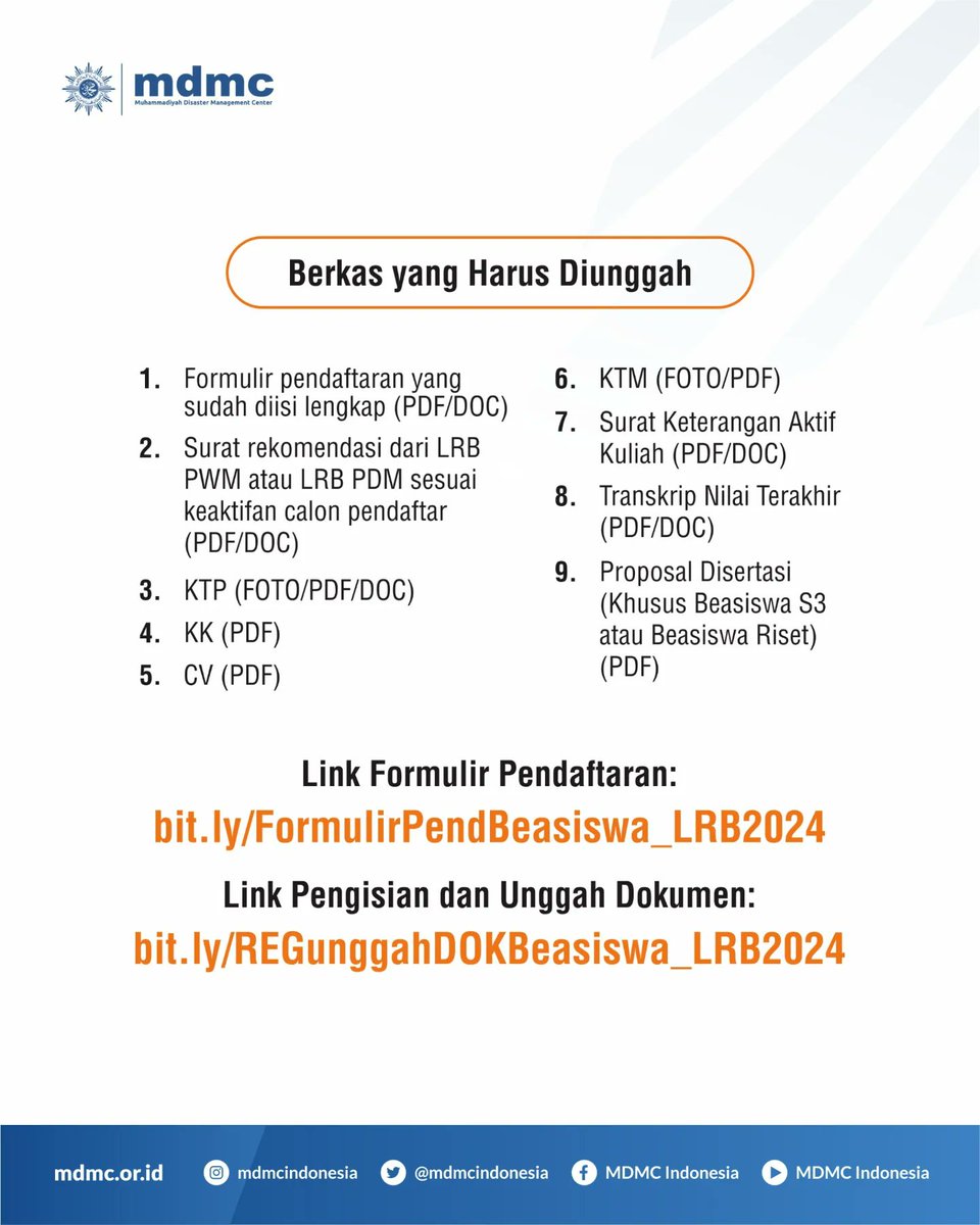 MDMCIndonesia's tweet photo. Assalamualaikum Sobat Tangguh!!

Telah dibuka penawaran Beasiswa dari Majelis Diktilitbang PP Muhammadiyah bagi seluruh kader Lembaga Resiliensi Bencana (LRB) PP Muhammadiyah yang tergabung di tingkat wilayah maupun daerah. Pendaftaran dibuka sampai tanggal 22 Juli 2024 ya✍️ https://t.co/exPeXMCxGJ
