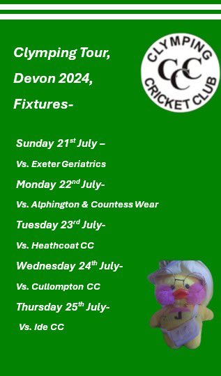 ClympingCC's tweet photo. This weekend both sides are in action,
The 1st XI travel up the road to Arundel CC,
Whilst our 2nd XI host Petworth Park CC.
And then on Sunday our Tourists make their way to Devon for the start of our 2024 Tour, and here are the games for that.
#UpThePing #PingOnTour https://t.co/LwLReEMXDH