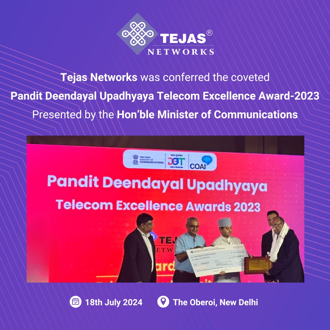 TejasN_Official's tweet photo. #TejasNetworks wins Pandit Deendayal Upadhyaya #TelecomExcellenceAward from the #GovernmentofIndia!
Read more: https://t.co/xZUIEhPTco
#Telecom #PanditDeendayalUpadhyayaAward #TelecomEquipmentManufacturing #Innovations https://t.co/j7XTFbmEzp