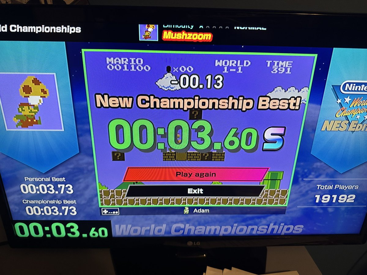 LETS F**KING GOOOOO!!!

Isn’t this world record for Mushzoom? I got it in the world championships mode too lol. 

#NintendoWorldChampionships #NintendoWorldChampionshipsNES #Retro #speedrun 

Just downloaded this game today. This is an NES speedrunners “wet dream”!