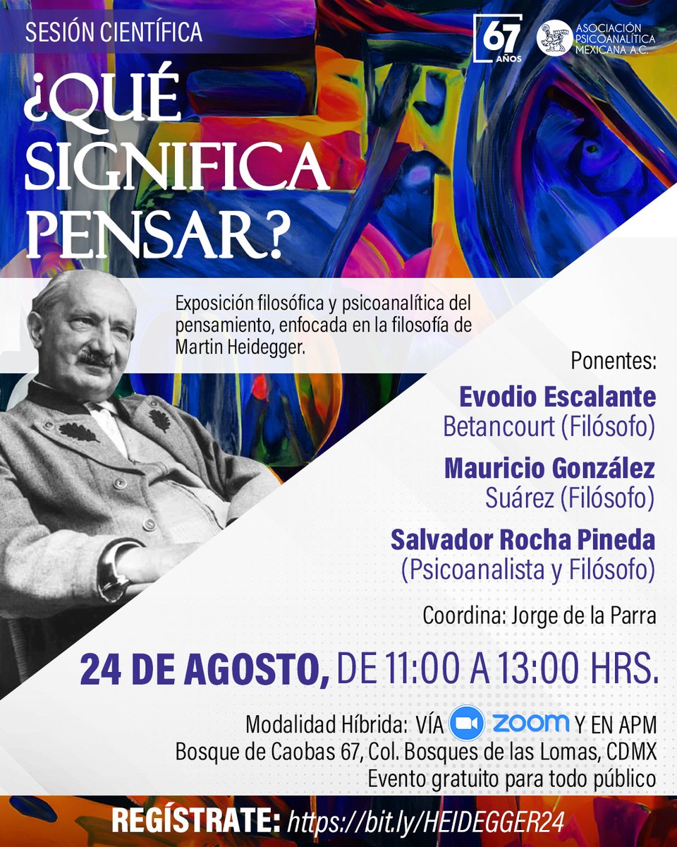 APM_Online's tweet photo. Sesión Científica ¿Qué significa pensar? Regístrate: https://t.co/MbbvgLtD5t Modalidad Híbrida: Vía Zoom y en APM (Bosque de Caobas 67, Col. Bosques de las Lomas, CDMX). Evento gratuito para todo público. #Psicoanálisis #ComunidadAPM #SaludMental #Psicoterapia https://t.co/f9f0qaYImI