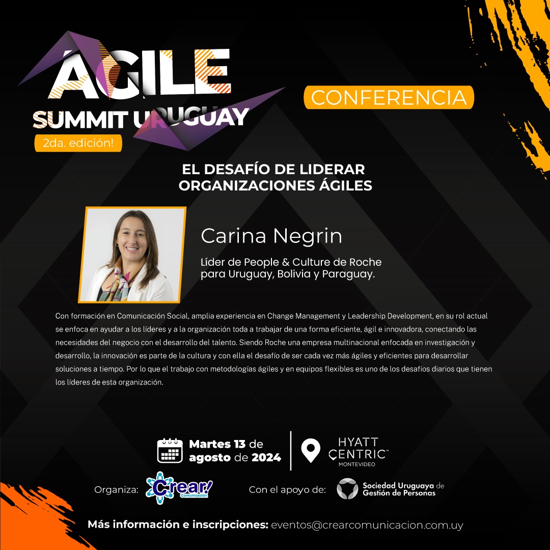 GestionHumanaUy's tweet photo. 📈 "El desafío de liderar organizaciones ágiles" será el tema que abordará Carina Negrin (Líder de People & Culture en @Roche 🇺🇾🇧🇴🇵🇾).
➡️ Aún estas a tiempo de inscribirte a #AgileSummit, uno de los eventos más disruptivos del año!!! 👇
https://t.co/5hCZrgswpB https://t.co/z9mBDsJ48H