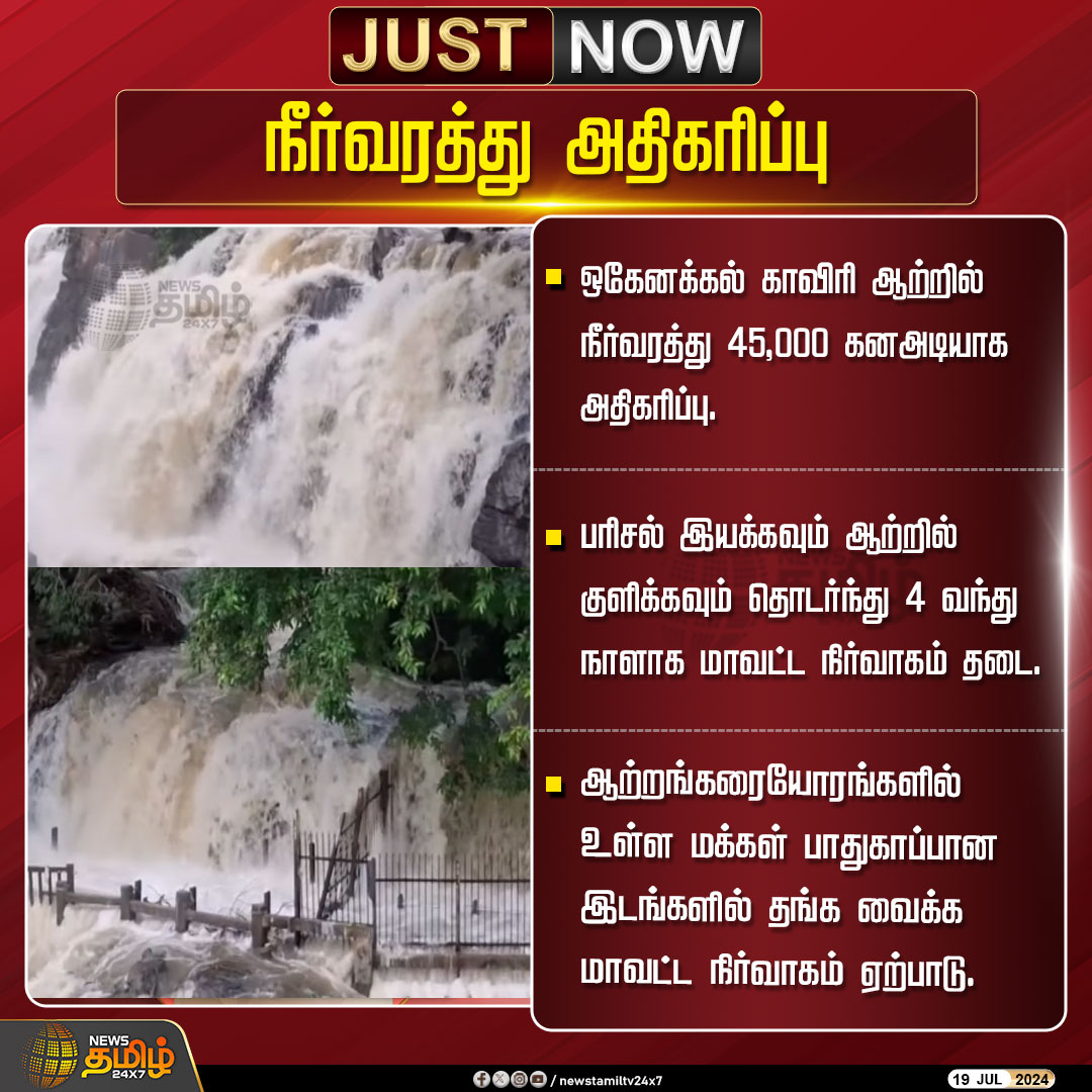 NewsTamilTV24x7's tweet photo. #JustNow | நீர்வரத்து அதிகரிப்பு
#NewsTamil24x7 | #Hogenakkal | #Kaveri | #HeavyRain | #biligundlu | #Parisal | #RiverFlow | #KaveriRiver https://t.co/Vw5GZDbeRO