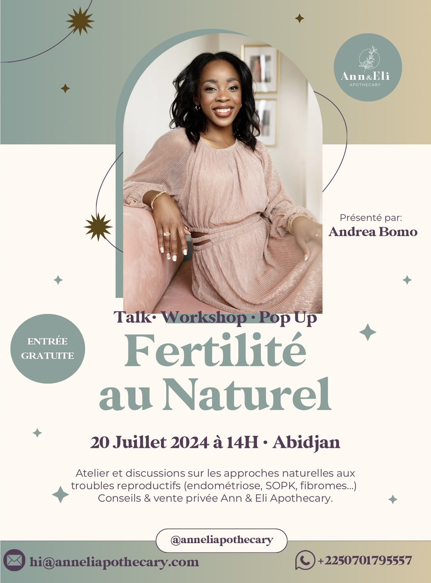 AndreaBomo's tweet photo. Heureuse d’animer ma première conférence à Abidjan le 20 juillet. On parlera fertilité et santé reproductive avec une approche naturelle et intégrative aux problématiques telles que les fibromes, l’endométriose,  le SOPK et l’infertilité. Il reste encore quelques places dispo 👇🏽 https://t.co/YcVdH1ccor