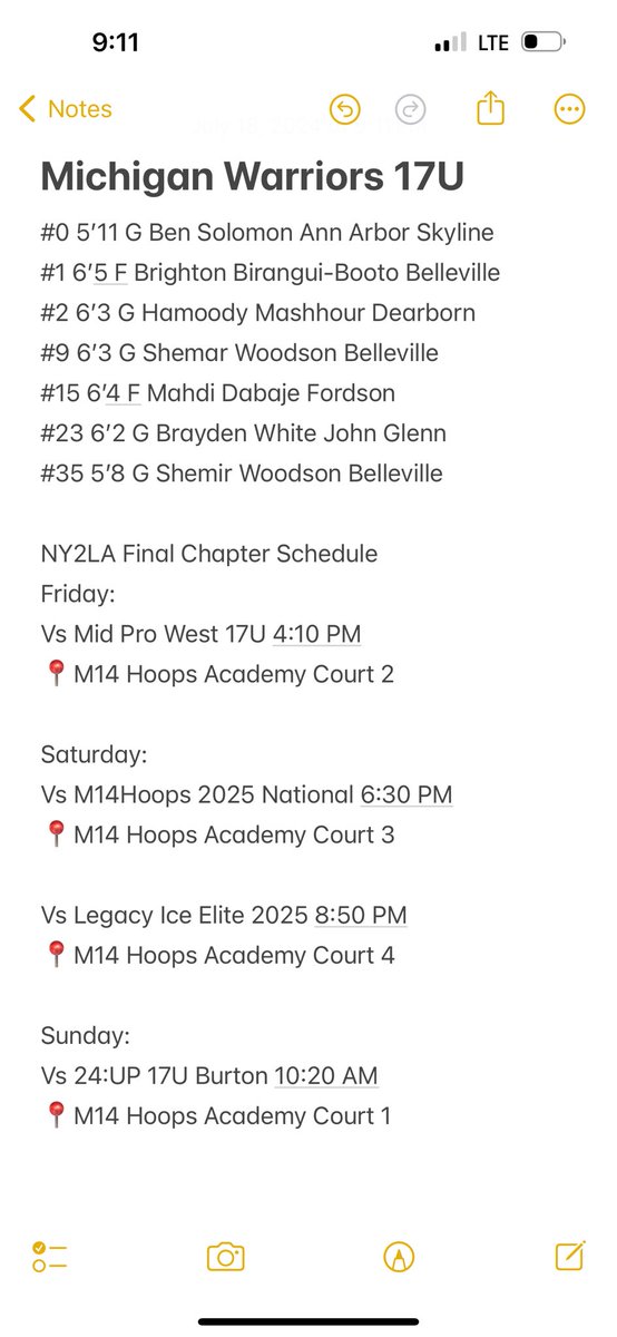 17u michigan warriors roster and schedule for ny3la in chicago this weekend