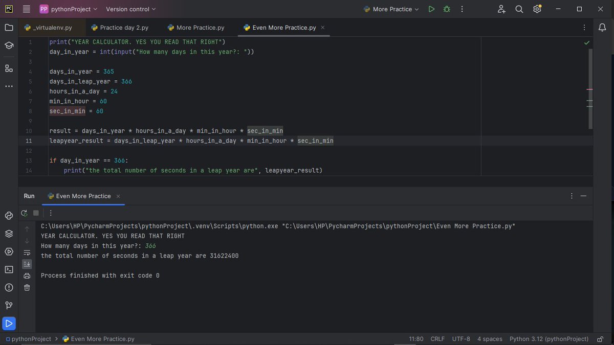 _incredibleJOSH's tweet image. Have you ever wondered how many seconds in a year? Look no further, I wrote a program to save you all that calculation! (Day 11)
Also I had my first taste of debugging (Day 12)
Day 11 &amp;amp; 12 of #Replit100DaysOfCode #100DaysOfCode.
