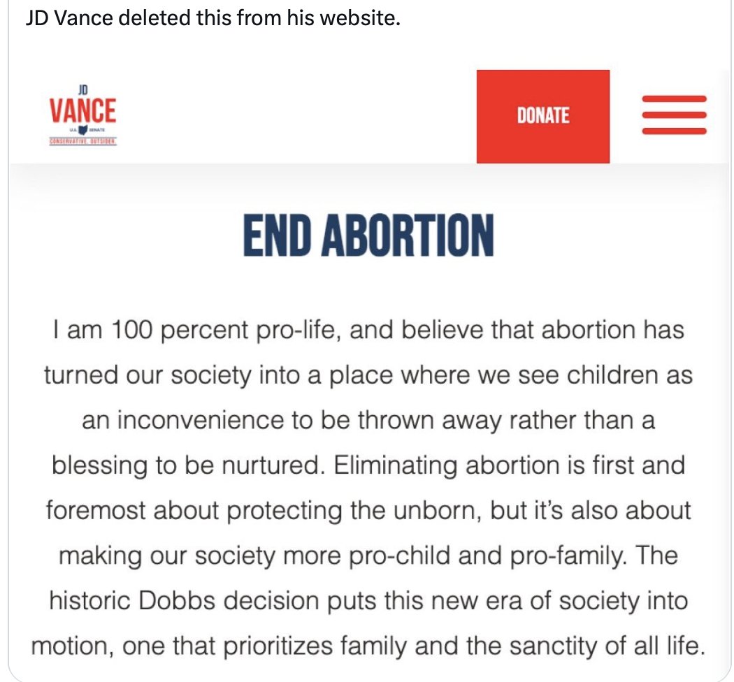martycomroe's tweet photo. WHEN the candidate for VP is SOOOO certain that his views are unpopular....
Deleted by JD VANCE ...
but since it has become known...
...cancelled his debate with VP Harris... https://t.co/IutkBvjD3s