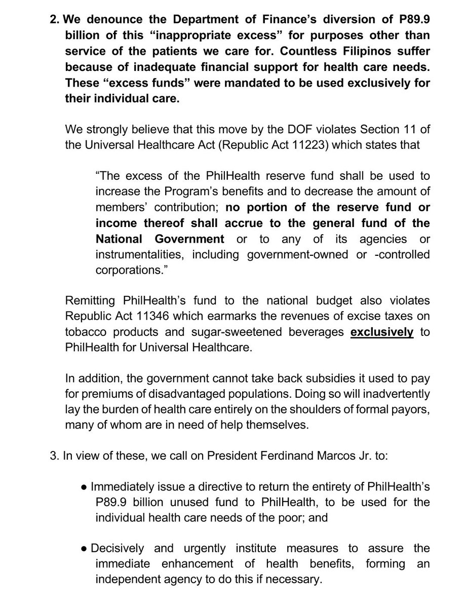 HPAAC_PH's tweet photo. A Call to Reform PhilHealth and Protect Benefits Mandated by Law

We, medical &amp; healthcare professional organizations, appeal to President Marcos Jr. to take immediate, decisive action to prevent the diversion of PhP89.9B of unused funds from PhilHealth to National Treasury. https://t.co/f4GDPtBHlb