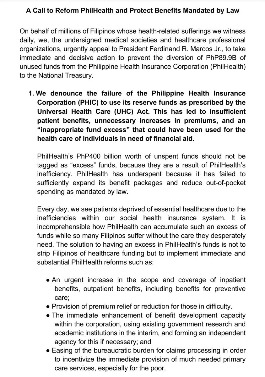 HPAAC_PH's tweet photo. A Call to Reform PhilHealth and Protect Benefits Mandated by Law

We, medical &amp; healthcare professional organizations, appeal to President Marcos Jr. to take immediate, decisive action to prevent the diversion of PhP89.9B of unused funds from PhilHealth to National Treasury. https://t.co/f4GDPtBHlb
