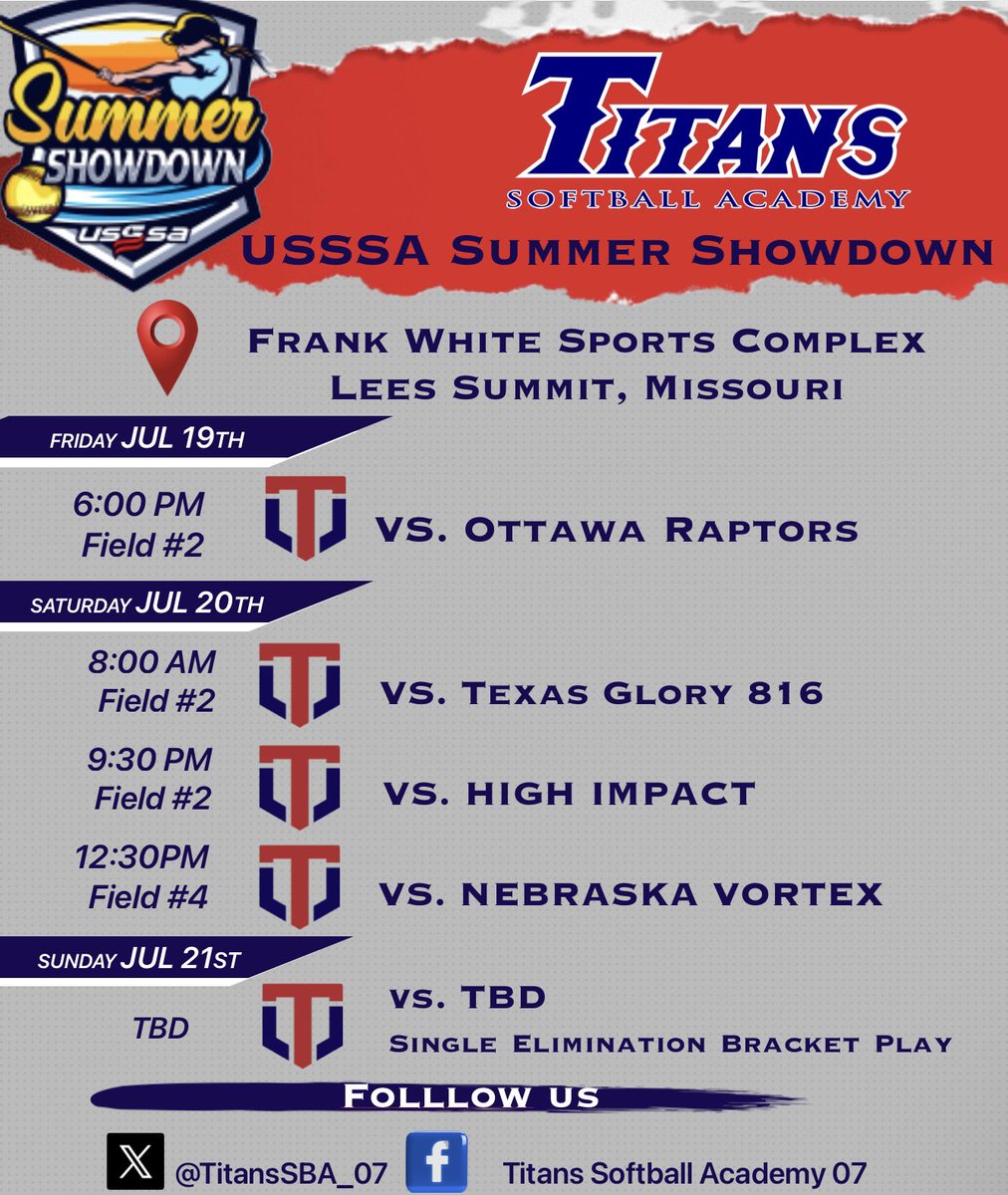 NEXT UP: TITANS 07 Getting to work in  #USSSAFASTPITCH #SUMMERSHOWDOWN at Frank White Sports Complex, in Lee’s Summit, MO.  Hope to see you there!