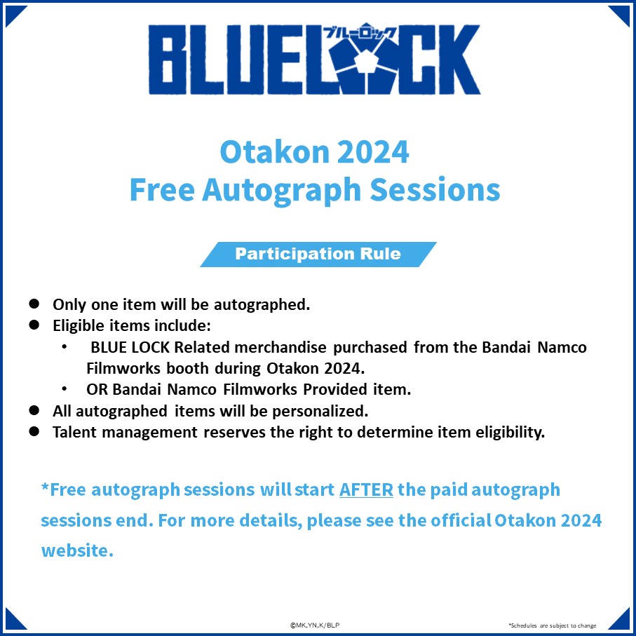 bnfw_en's tweet image. ⚽Otakon2024⚽

Don't miss a chance to receive an autograph from Koki Uchiyama (Voice of Rin Itoshi) and Shinnosuke Tachibana (Voice of Aoshi Tokimitsu)

Please check the participation rules from the images 👀

#bluelock #Otakon2024