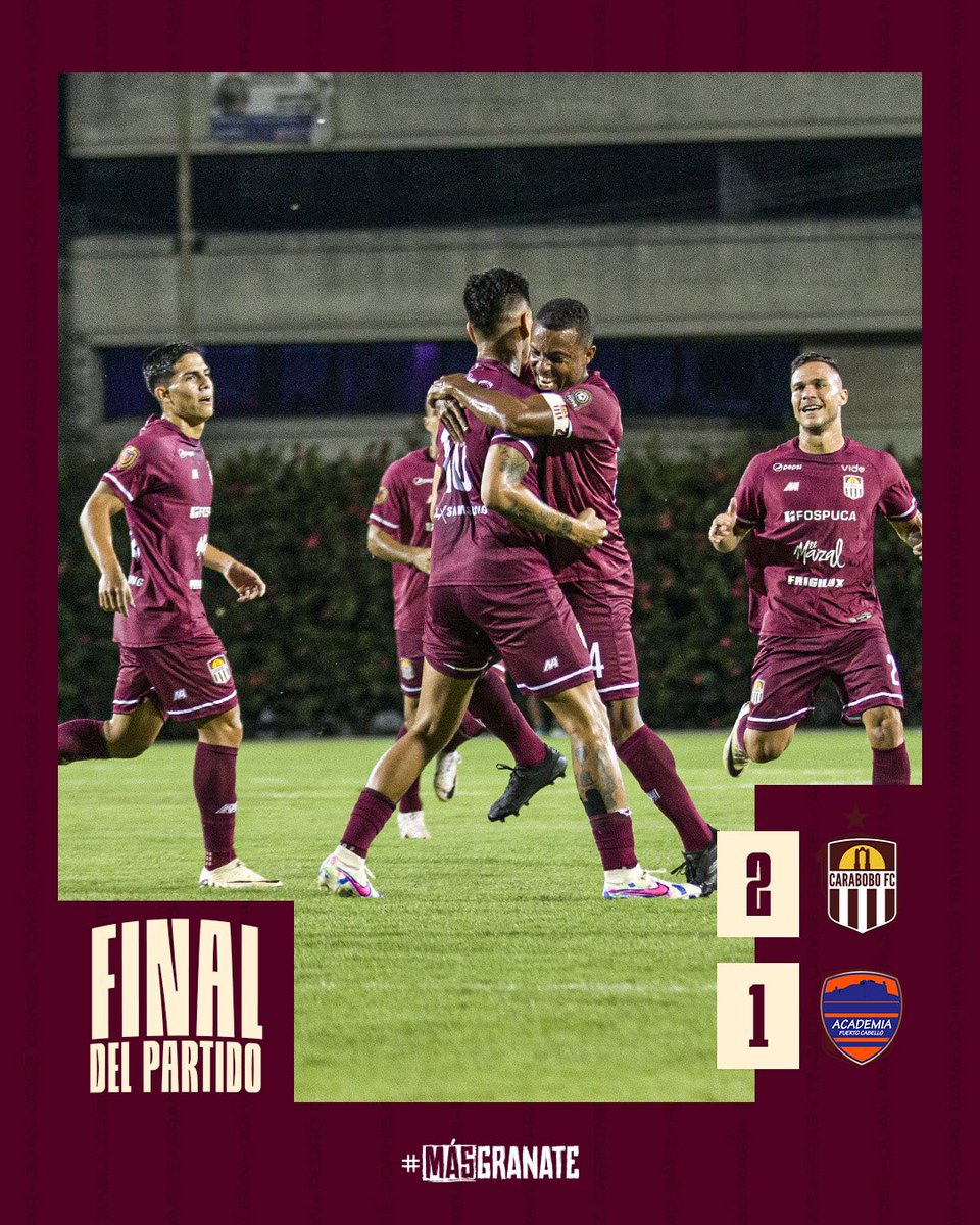 ⏱️ 90+6' | ¡FINAAAL! Victoria en casa 🏠 

⚽️ José Balza - 12’ 
⚽️ Gustavo González - 45+2 
😠 Jesús Castillo - 90+1’ 

#CaraboboFC 2-1 <a href="/La_Academiapc/">Academia Puerto Cabello</a>

#MásGranate 🔝
#CaraboboEsGranate 🇱🇻
#LigaFUTVEBancoDeVenezuela 🇻🇪