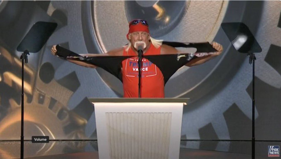 jstippins's tweet photo. Hulk Hogan definitely getting a cabinet position for this performance. Secretary of Smackdown? #RNC2024 https://t.co/eE4tLRL2Kg