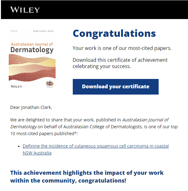 prof_jclark's tweet photo. Congratulations to @drbruceashford and the team on their paper being one of the top 10 most cited papers published in Australasian Journal of Dermatology. Click here to read this article in full: https://t.co/T4RIKRM2d2

#topdowndloadedarticle #resarch #cSCC https://t.co/RKND1kwUqT