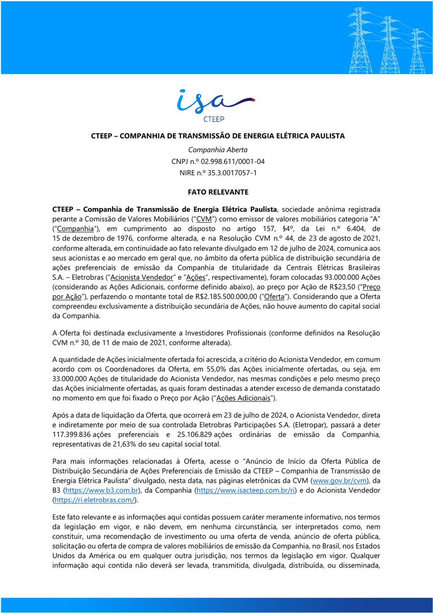AvisosDaBolsa's tweet photo. 🚨 CTEEP - CIA TRANSMISSÃO ENERGIA ELÉTRICA PAULISTA - Pricing Oferta Pública Secundária TRPL4 #TRPL3 #TRPL4 https://t.co/2LQVs46uOw