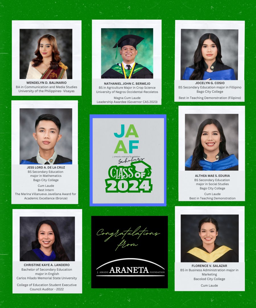 jaa_foundation's tweet photo. JAAF congratulate the #ClassOf2024 from Bago City #Scholars.  Under the Student Excellence Award and Scholarship (SEAS) Program, these graduates are from the first batch of Awardees and Scholars.

Here's wishing that your dreams for a bright future prosper! https://t.co/qSt7TrOlun
