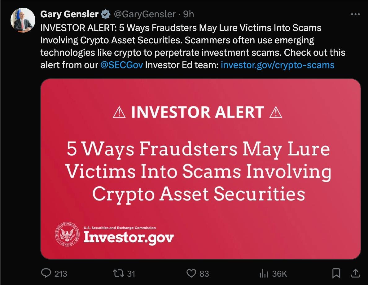 followin_io's tweet photo. ETH Spot ETF is very close!!😃

Because......

SEC Chairman Gary Gensler once again posted (https://t.co/qzWJnpYkOf) a “Investor Alert” on social media, citing an article published in May this year. ⚠⚠

Gary Gensler made similar risk warning statements before the approval of the BTC spot ETF and before the approval of the Ethereum spot ETF 19b-4 application.