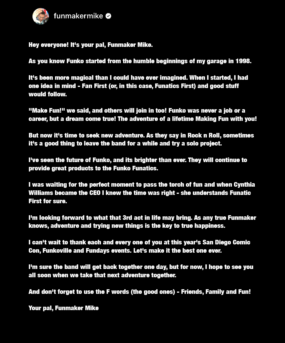 funkofinderz's tweet photo. After 26 years of founding and leading Funko, Mike Becker is stepping down. Thank you, Mike, for bringing FUN to fans worldwide! #Funko #ThankYouMike https://t.co/4rVa2zKBzw