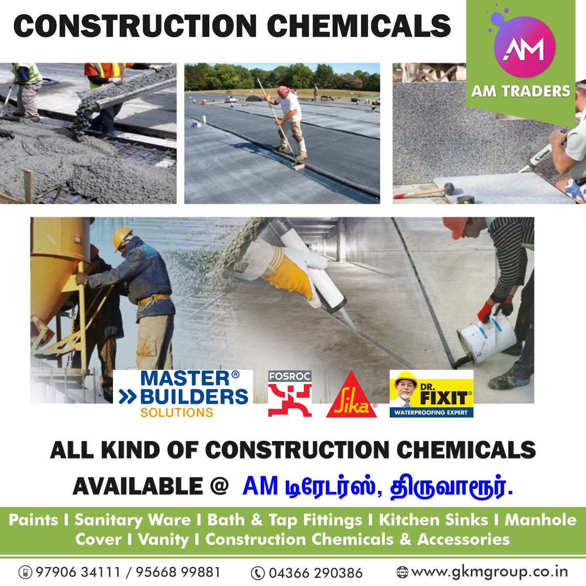 AMTraders_tvr's tweet photo. All kind of Building Construction Chemicals Available at AM Traders Thiruvarur.

#constructionchemicals #Pidilite #DrFixit #fosroc #sika #masterbuilderssolutions #basf #scp #waterproofing #WaterproofingChemicals #amtraders #Thiruvarur https://t.co/IsK7e8Oog9