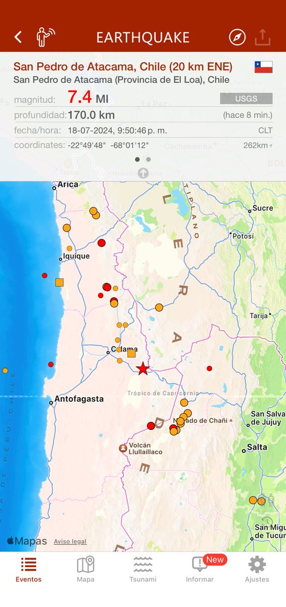 foto_reporte's tweet photo. hace 9 min. #terremoto 7.4 en San Pedro de Atacama (Provincia de El Loa), Chile, 170.0km, 9:50 p. m. CLT (USGS ) https://t.co/Q96LqWR0Qm https://t.co/qtsfRIb7XC