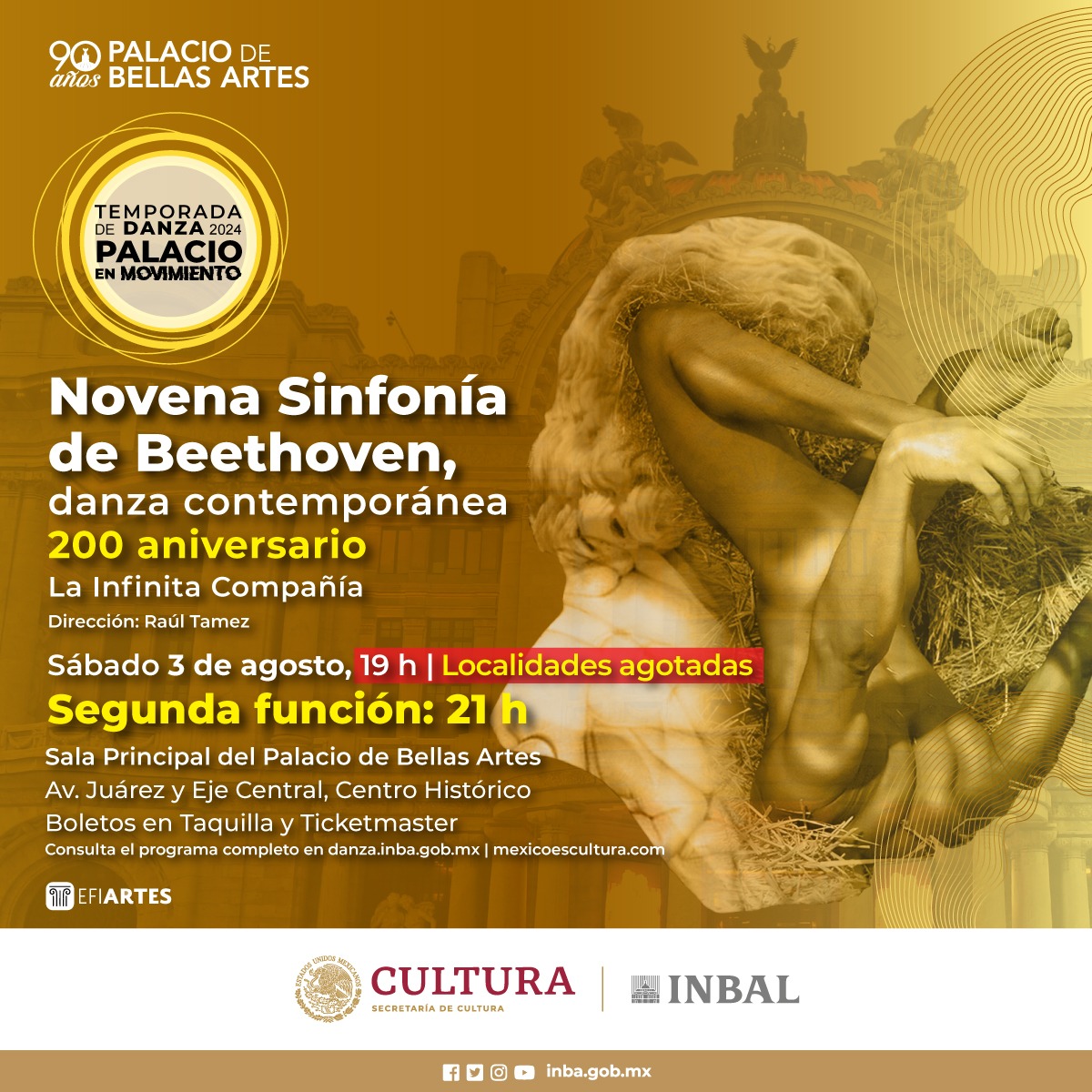 Debido a que los boletos para el espectáculo "Novena Sinfonía de Beethoven", de <a href="/lainfinitacia/">La Infinita Compañía</a>, se agotaron a tan solo una semana de salir a la venta, ¡abrimos una segunda función!

📆Agosto 3, 21 h
🎟️Próximamente en Taquillas del <a href="/PalacioOficial/">PalaciodeBellasArtes</a> y: 
👉🏻tinyurl.com/24qdtc6a